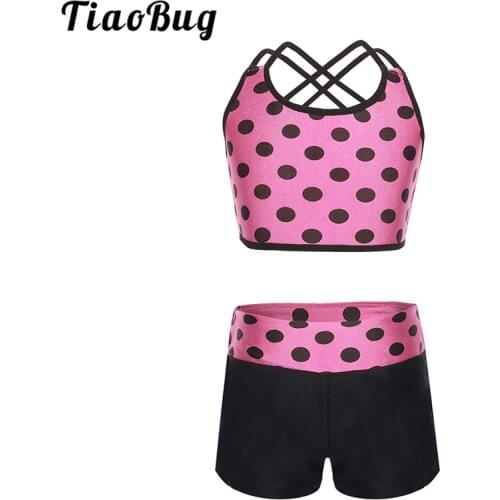 TiaoBug Girls Tankini Polka Dots Tank Top with Bottoms for Ballet Dance Workout Kids Dance Wear Girls Gymnastic Shorts Top Suits