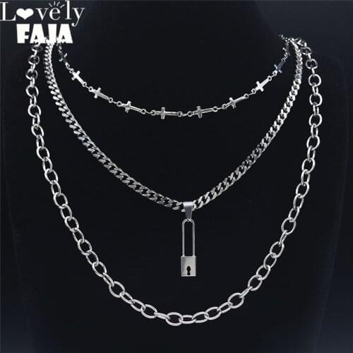 Hip Hop Lock Cross Stainless Steel 3 Letter Layer Punk Pendant Necklace Women/Men Jewelry 2021 collier cadenas NXS03
