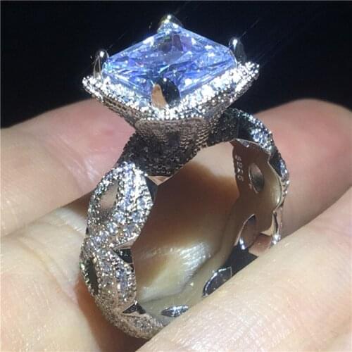 Vinateg Female Court ring Silver color 2ctAAAAA Cz Stone Statement wedding band rings for women Bridal Party Jewelry