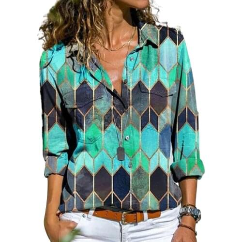 Plus Size Blouse Women Long Sleeve Turn Down Collar Hexagon Print Buttons Shirt Loose Blouse