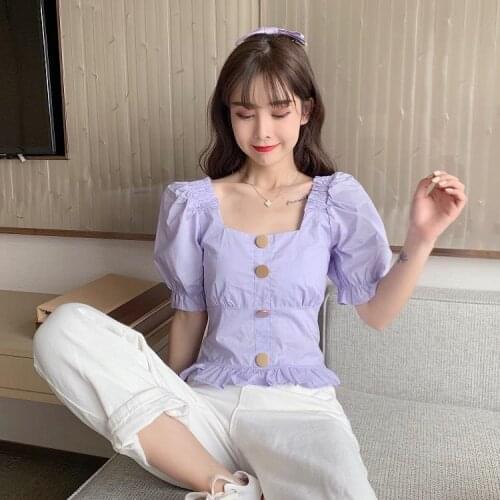 Retro Top Short Summer Square Collar Short Sleeve Shirt for Women Blouse Women Blusas Ropa De Mujer