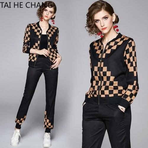 Women New Fashion Autumn Elegant Office Vintage Party Runway Print Short Jackets Coat + Long Pants 2 Pieces Sets