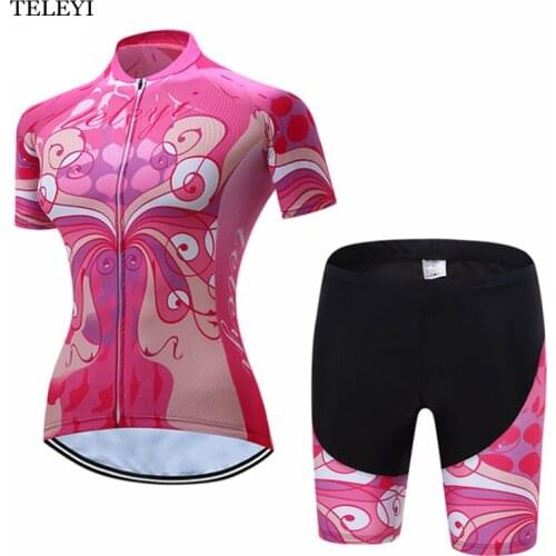 TELEYI Team Pink Womens Bicycle Ropa Ciclismo Cycling Jersey Short Sleeve Tops + (Bib) Shorts Suit Quick-Dry