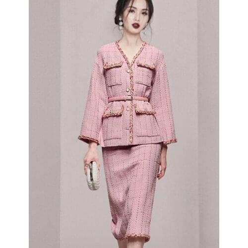 2021 Newest Autumn Winter Design Fashion Women Pocket Short Jacket Coats + Skirt 2 Pieces Set for Ladies Tweed Runway Suits