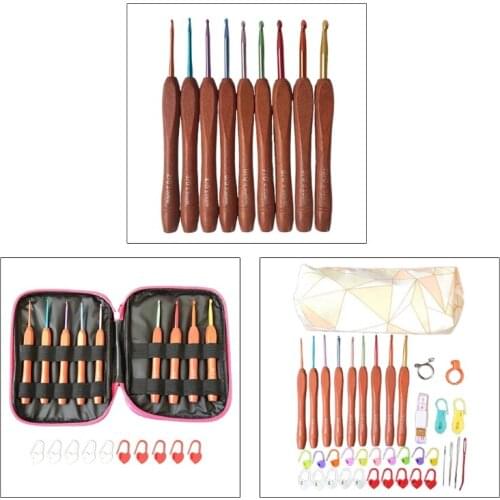1 Set 2.0-6.0mm Colorful Aluminum Crochet Hooks Ergonomic Wooden Handle Kits DIY Yarn Weaving Needles Knitting Tools for Scarf G