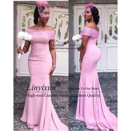 2021 Lace Off Shoulder Bridesmaid Dresses African Long Mermaid Sweep Train Pink Wedding Party Dress Robe De Soiree De Mariage