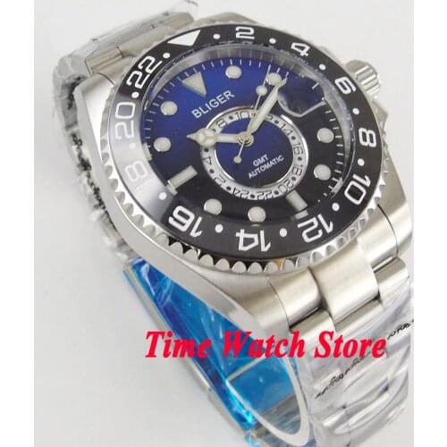 43mm Bliger GMT mechanical Automatic watch men blue black dial sapphire glass date ceramic bezel 24 hours steel strap 239