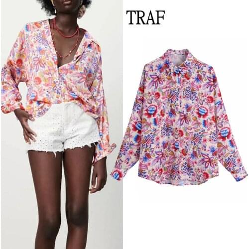 TRAF Za 2021 Summer Women Blouses Vintage Top Print Long Sleeve Shirts Woman Clothing Chic Buttons Casual Female Shirts Blusas