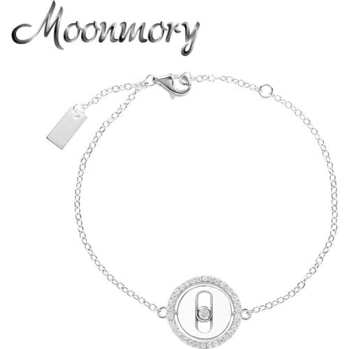 Moonmory 925 Sterling Silver Lucky Move Bracelet For Girls Crystal Zircon Pendants Bangle With One Movable Stone Christmas Gift