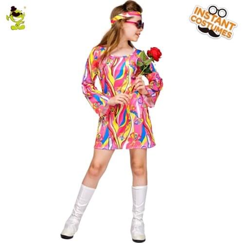 Carnival Girls Hippie Costumes for Kids Halloween Cosplay 60s 70s Retro Flower Hippy Dresses Purim Role Play Fancy Outfits