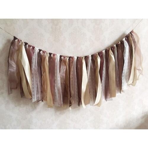 New Rustic Brown Beige White rag tie banners wedding party bunting home garland new tulle lace tassel bunting wedding decoration