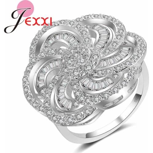 Hot Romantic Big Flower Cubic Zirconia Rhinestone Wedding Rings For Woman 925 Silver Band Promise Ring For Ladies