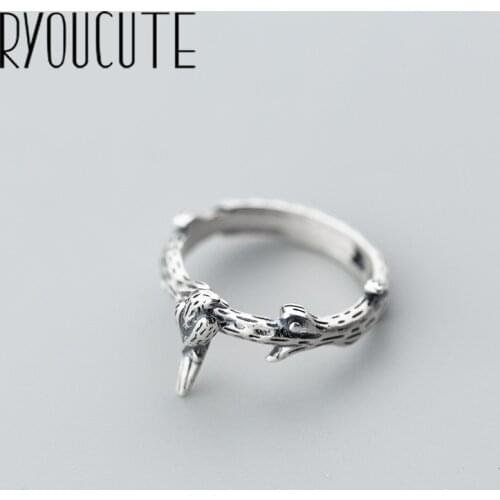 RYOUCUTE 100% Real Silver Color Exaggerated Personality Retro Large Bird Rings for Women Statement Adjustable Finger Ring