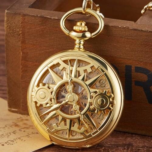 Retro Bronze Gold Mechanical Pocket Watch Vintage Hollow Gear Engraved Pocket Watches Fob Chain Necklace Flip Hand Winding Clock