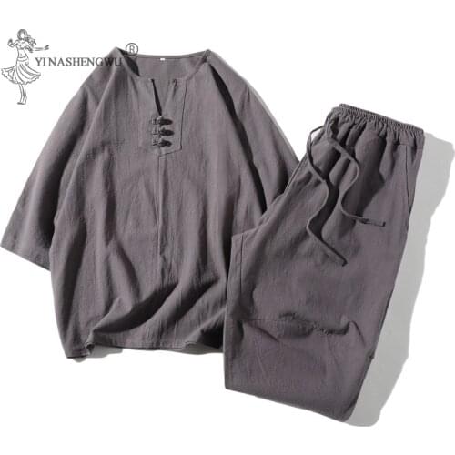 Japanese Style Kimono Short-Sleeved T-shirt Pants Two Piece Men Tops Trousers Suits Male Japan Harajuku Yukata Cardigan Costume