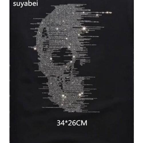 Big skull decor rhinestones patch designs iron on transfer hot fix rhinestone transfer motifs iron on applique patches shirt