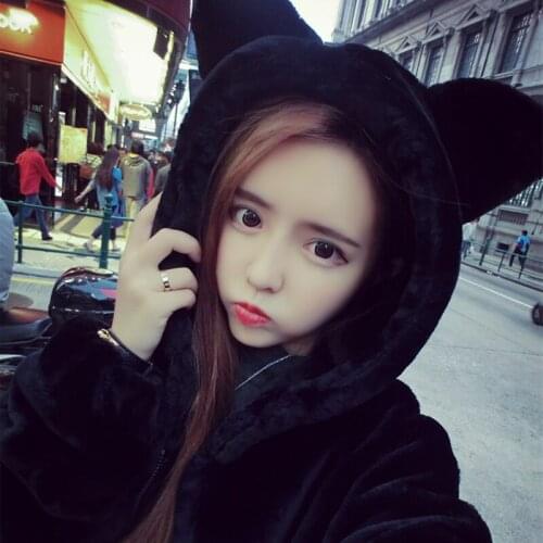 Autumn winter new women cute girls faux fur velvet long sleeve hooded bear rabbit ears medium long coat casacos SMLXL