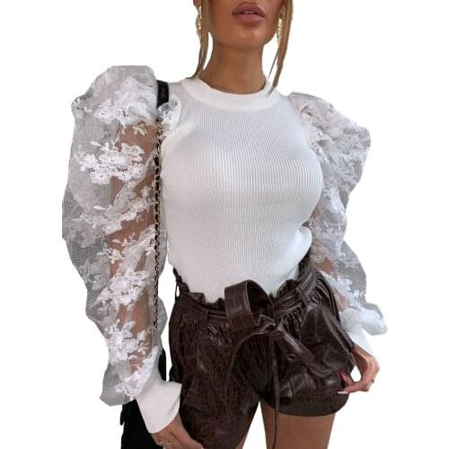 Spring Autumn Floral Lace Puff Sleeve Ribbed Knitted Shirt Blouse Women Sweet Elegant Party Clubwear Ladies Tops Blusa Feminina