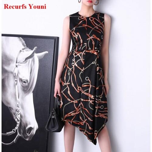 Genuine Leather Dress Women Female Clothing 2021 New Irregular Pearl Printed Thin O-neck Sleeveless Vestidos Stylish Femme Robe
