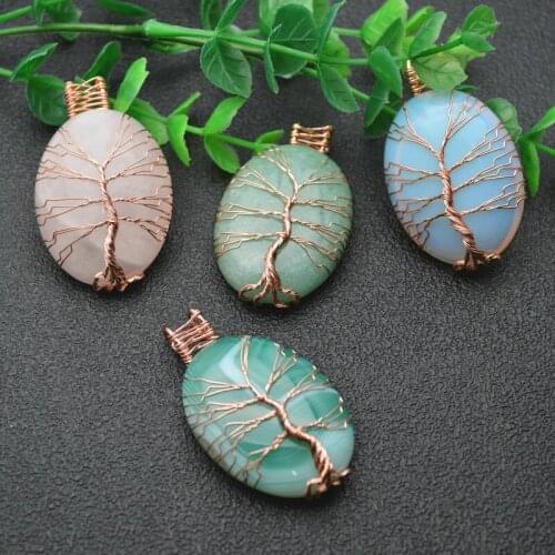 Winding Wire Life Tree Guard Natural Gemstone Beads Oval Pendant Fit Necklace Jewelry DIY Stuff