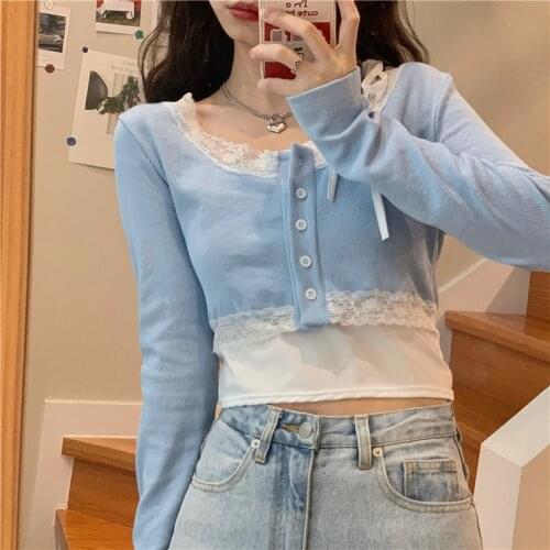 Large Size Fat Girl 2021 Early Spring New Short Top Irregular Sling Lace Round Neck Cardigan Two-piece Suit Knitted Long Sleeve