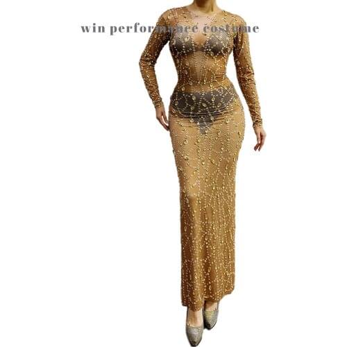 Transparent Net Silver Rhinstones Pearls Skirt Birthday Celebrate Ball Dress Prom Singer Dancer Outfit See Through Long Dress