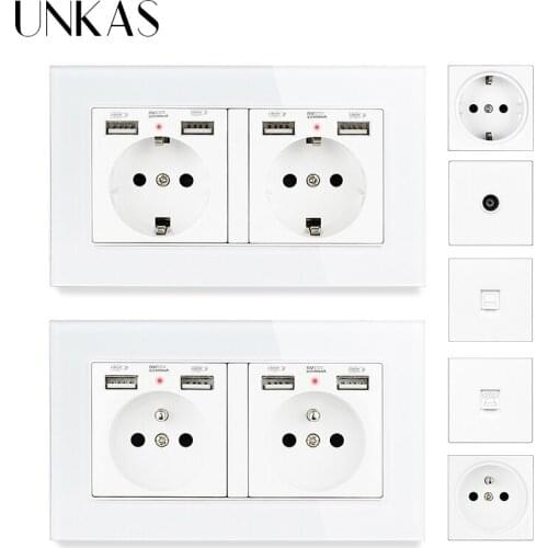 UNKAS EU French Socket Dual USB Port + TV RJ11 Telephone RJ45 Internet Computer Jack White Tempered Crystal Glass Panel Outlet