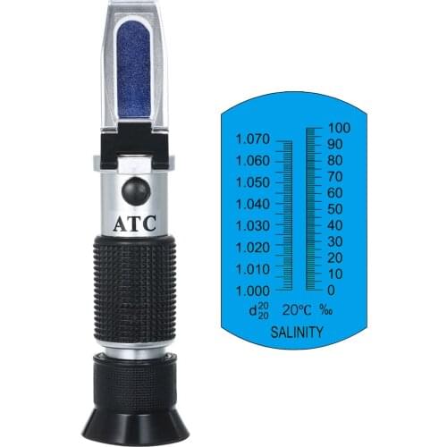 Refractometer Handheld Seawater Hydrometers Optical Salinity Tester Portable ATC Refractometer, Dual Scale: 0-100‰ & 1.000-1.070