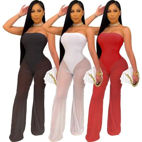 Sexy See Through Sheer Mesh Jumpsuit for Women Summer Casual Off Shoulder Sleeveless Rompers Fit and Flared One Piece Overall