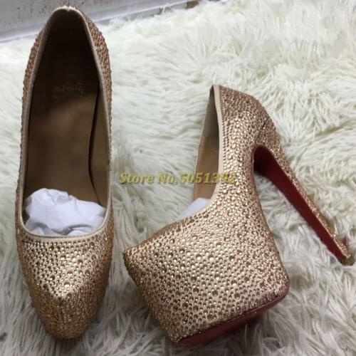 Crystal Studded Platform Super High Heel Pumps Slip On Dress Nigh Club Bing Bling Handmade Shoes Gold Silver Studded Footwear