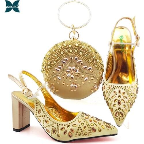 2020 High Heels Italian design Shoes With Matching Bags Set African Womens Party Shoes and Bag Sets in Gold Color for Party