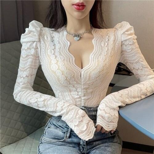 V-Neck Long-Sleeved Lace Women Blouse Summer New Slim Solid Mesh See Through Elegant Office Lady Pulls Tops