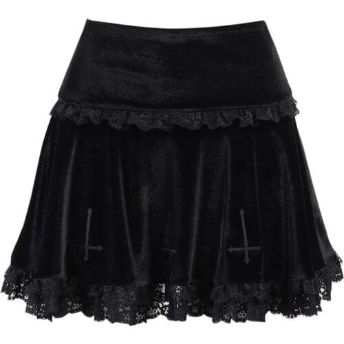 Women Vintage Harajuku Dark Cross Embroidered Lace Suede Skirt Goth Dark Mall Gothic High Waist Lace Ruffles Skirt Y2k Skirt