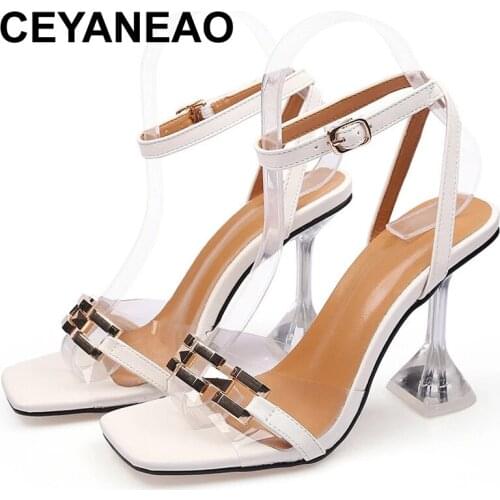 CEYANEAO New Women Ankle Strap Sandals High Heels Metal Buckle Bride Party Model Show Prom Office Ladies Dress Shoes Plus Size