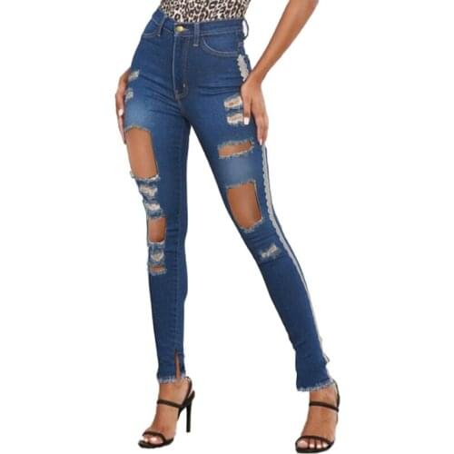 Women’s Korean Hollow Out Slim Fit Jeans Fashion Lace Side Ripped Hole Stretch High Waist Split Denim Pencil Long Pants Trousers