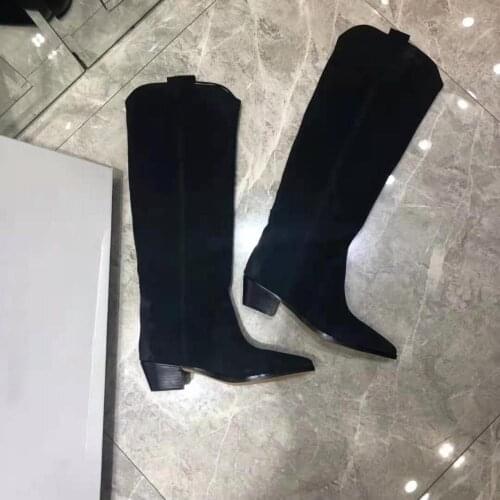 Womens Shoes Paris Denvee Boots Cuban Heel Curved Edge Black Suede Knee-high Boots