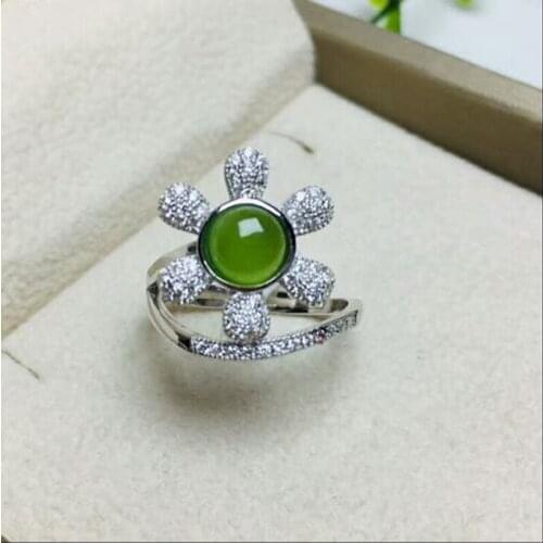 S925 Sterling Silver Natural Green Jasper Mosaic Ring Sun Flower Lucky Charm Women Jewellery