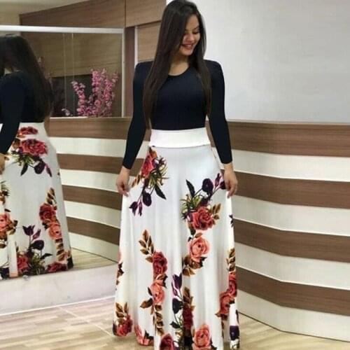 2020 European American Flower Print Dress Color Matching Long Boho Maxi Dress Long Sleeve Spring Autumn Women Dresses Robes