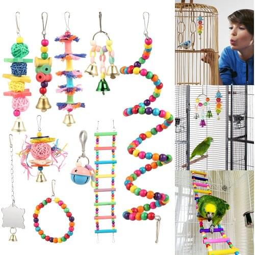 10PCS/Set Birds Pets Parrots Ladders Climbing Toy Colorful Funny Swing Ball Bell Stand Budgie Parakeet Cage Bird Training Toys