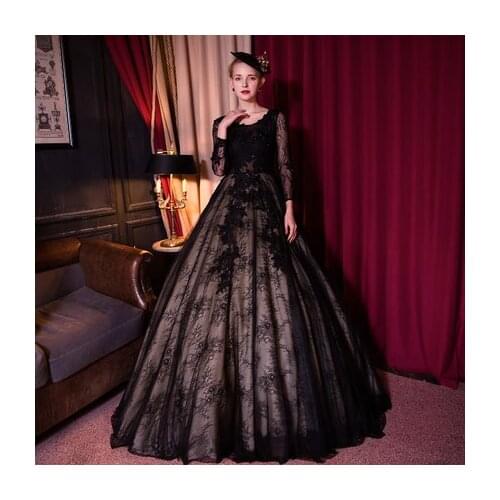 100%real black lace flower embroidery beading trailing ball gown royal Medieval Renaissance Victorian dress Belle ball