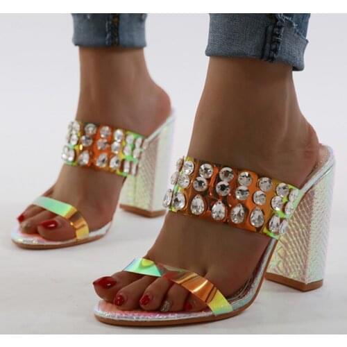 2020 Crystal Glitter Slides Women 10.5cm High Heels Fetish Luxury Design Sandals Block Heels Mules Slipper Lady Dress Prom Shoes