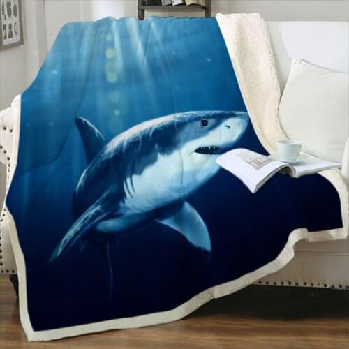 3D Shark Blue Throw Blanket Sherpa Fleece Bedspread Blanket Vintage Bedding Square Picnic Wool Soft Blanket