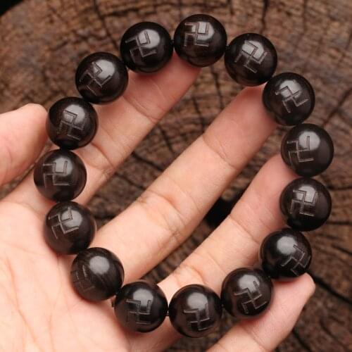 Tibetan Buddhism Ebony Bracelet Auspicious Symbol Swastika Logo 15mm Unisex Bracelet