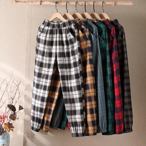 2021 Spring Summer Woman Trousers Casual Loose Oversize Elastic Waist Pants Capris Vintage Ankle Length Womens Plaid Pants
