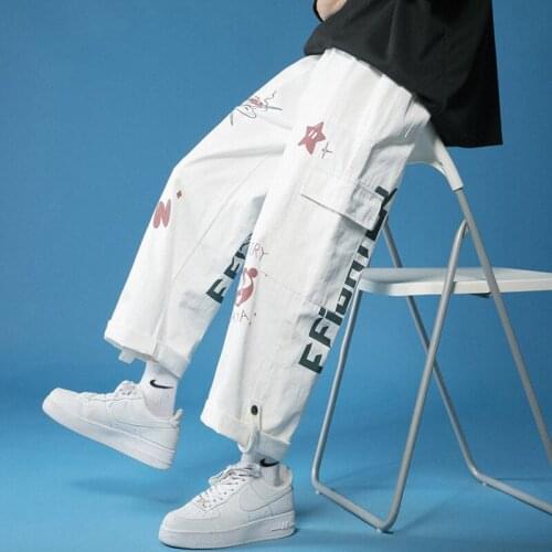 Men Jeans Pants Fashion Printed White Cargo Casual Joggers Harajuku Streetwear Hip Hop Denim Trousers