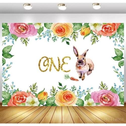Wild One Year Old Birthday Backdrop Rabbit Bunny Eat Carrot Bloooming Flowers Surround Spring Newborn Photo Background Props