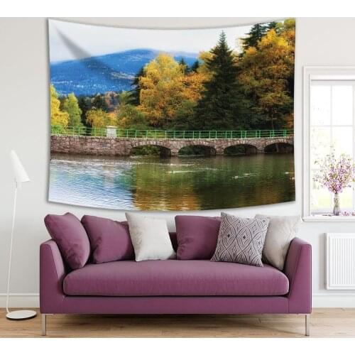 Tapestry Lomnica Dam Lake Trees Autumn Scenery of Karkonosze Mountains Karpacz Poland Green Blue Landscape Printed