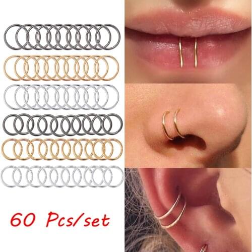 60 Pcs/lot Hoop Rings Nose Stud for Women Fake Piercing Kit Unisex 3 Colors Circle Ear Lip Septum Ring Set Men Punk Body Jewelry