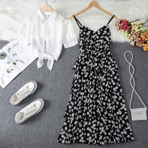 Sun-Proof Two-Piece Set Summer White Turn-Down Collar Dress Wraps Tiered Cute Daisy Floral Print Sexy Black Slip Dress Beachwear