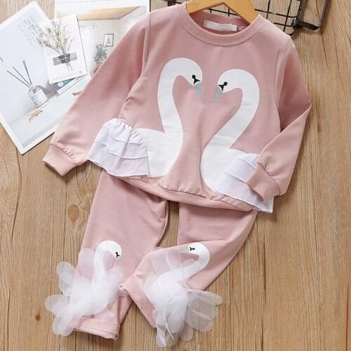 Long Sleeve Girls Autumn Clothes Set Swan Pink Toddler Girl Winter Clothes Outfit Hip Hop Kids Boutique Clothing Tracksuits